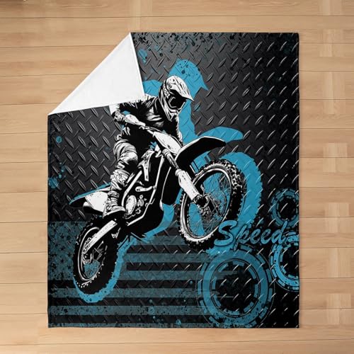 Motorcycle Bed Blanket Kids Girls Dirt Bike Flannel Blanket Soft Cozy Lightweight Blue Graffiti Plush Fleece Blankets Gifts for Couch Bed Office Sofa(40x50 Inches) - color: Black Blue, size: 40"×50"