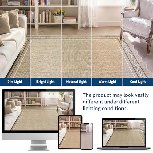 GarveeHome Scalloped Washable 5x7 Area Rugs for Living Room, Non Slip Jute Printed Rug Soft Non Shedding Bedroom Rugs Foldable Low Pile Stain Resistant Carpet for Playroom Nursery Dining Room, Jute - color: Jute Color, size: 5' x 7' (Rectangular)