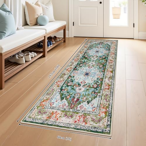 U'Artlines 2' x 5' Boho Hallway Runner Rug, Non Slip Washable Vintage Farmhouse Accent Area Rug Carpet for Kitchen Entryway Laundry and Living Room (Green) - color: Green, size: 2' x 5' (Runner)