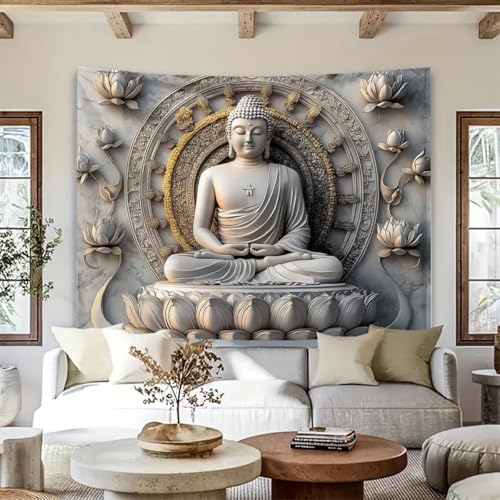 FENDROM Vintage Sitting Buddha Tapestry Wall Hanging Buddhist Statue Tapestries Lotus Meditation Wall Decor Psychedelic Indian Zen Art for Bedroom Living Room Home Decor - color: Beige, size: 90"L x 71"W