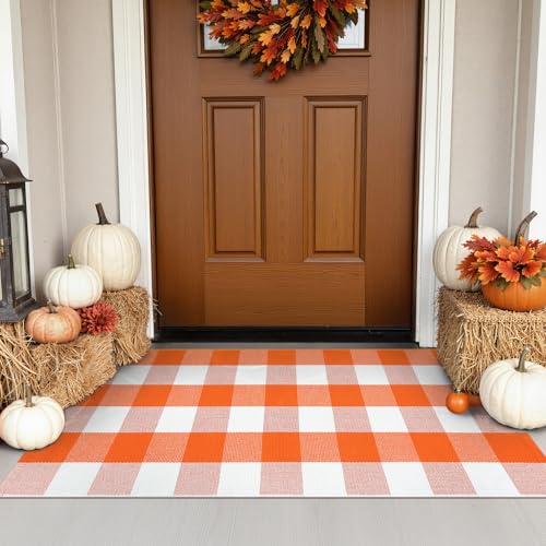 KIMODE Halloween Door Mat Outdoor 27.5"x43", Fall Decor Buffalo Plaid Outdoor Rug,Farmhouse Checkered Layered Welcome Door Mat for Entryway,Halloween Front Porch Decor,Orange and White - color: Orange/White, size: 2'4" x 3'7" (Rectangular)