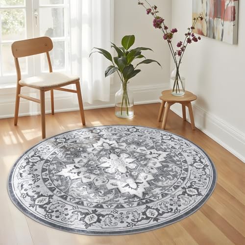 Lessymo 4FT Washable Round Area Rugs for Living Room, Non Slip Circle Rugs Low Pile Vintage Carpet for Bedroom, Dining Room, Nursery, Home Office, Grey Beige - color: Grey Beige, size: 4' (Round)