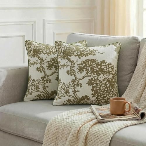 Floral 18x18 Throw Pillow Covers Set of 2, French Vintage Woven Jacquard Decorative Accent Pillow Cases for Couch, 430GSM Thick Chenille & Luxury Velvet, Olive Green - color: Tree Pattern Olive Green, size: 18" x 18" (Pack of 2)
