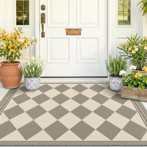 Gray and Cream Checkered Easy Jute 3x5 Outside Area Rug Outdoor Porch Decor, Entryway Rugs Indoor Diamond Geometric Pattern Mat, Patio, Backyard or Entry, Boho Farmhouse Style Washable Non Skid Mat - color: Beige Gray, size: 3' x 5' (Rectangular)