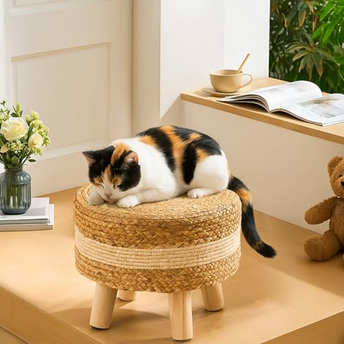 Handwoven Round Ottoman, Natural Water Hyacinth Outdoor Patio Pouf Seagrass Low Stool with Wood Legs, Soft Padded Footrest for Living Room Bedroom Garden, White - color: White, size: 13"D x 13"W x 10.6"H