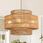17.7”Boho Rattan Chandelier for Dining Room, 4-Light Hand Woven Pendant Light Fixture Farmhouse Rustic Ceiling Hanging for Kitchen Island Bedroom Living Room Nursery Foyer - size: 17.7″ Brown