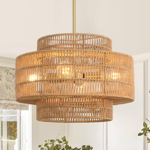 17.7”Boho Rattan Chandelier for Dining Room, 4-Light Hand Woven Pendant Light Fixture Farmhouse Rustic Ceiling Hanging for Kitchen Island Bedroom Living Room Nursery Foyer - size: 17.7″ Brown