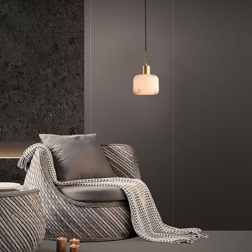 Alabaster Pendant Light Natural White Stone Shade Mini Hanging Lamp Kitchen Island Lighting with Solid Brass Body for Dining Room Bedroom, Adjustable Height 6.69", E26 Socket