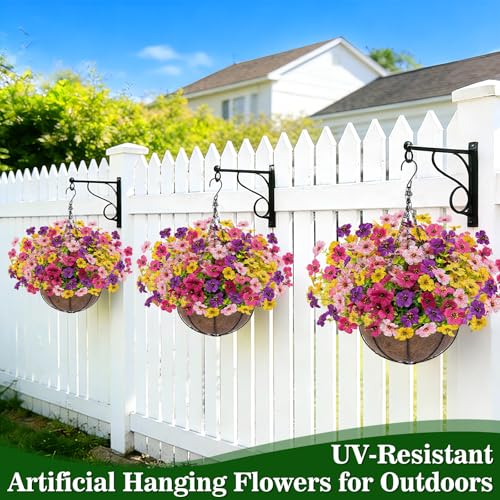 2 Sets Artificial Hanging Plants Flowers Basket Outdoor, Fake Hanging Plants 24 Pcs Flowers for Porch Patio Garden Home Decor for Spring Summer (Red, Purple, Yellow, Rose Red) - color: 2 Sets – Red, Purple, Yellow, Rose Red