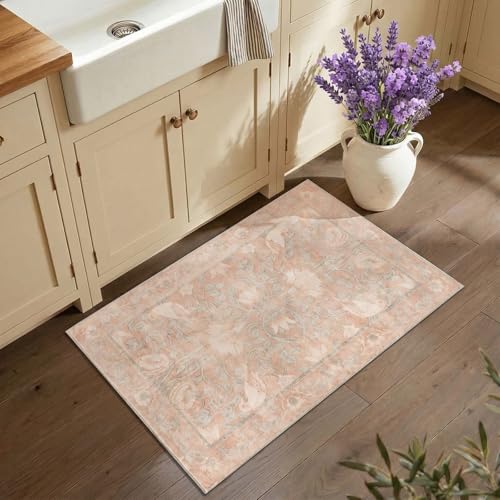 SIRIS 2x3 Small Washable Rug, Symmetrical Botanical Floral Entryway Rug, Vintage Low-Pile Non-Slip Door Mat for Indoor Foyer, High-Traffic Kitchen Sink Laundry Room, Muted Rose - color: Siris Muted Rose, size: 2' x 3' (Rectangular)