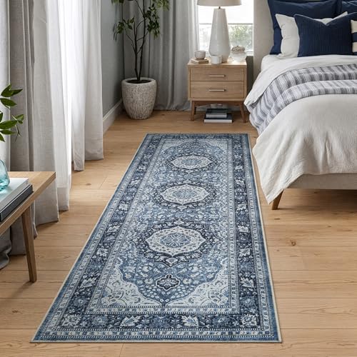 Bloom Rugs Caria Washable Non-Slip 7 ft Runner - Blue Traditional Runner for Entryway, Hallway, Bathroom, and Kitchen - Exact Size: 2'6" x 7' - color: Blue, size: 2'6" x 7' (Runner)