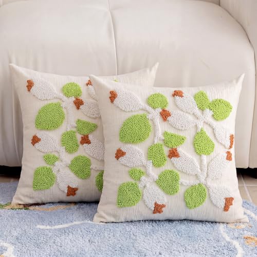 Summer Floral Throw Pillow Covers 20x20 Inch Set of 2, Chenille Embroidered Pillowcase with 3D Tufted White Flowers and Green Leaves, Boho Decorative Cushion Covers for Couch Sofa Bed - color: Green, size: 20" x 20" (Pack of 2)