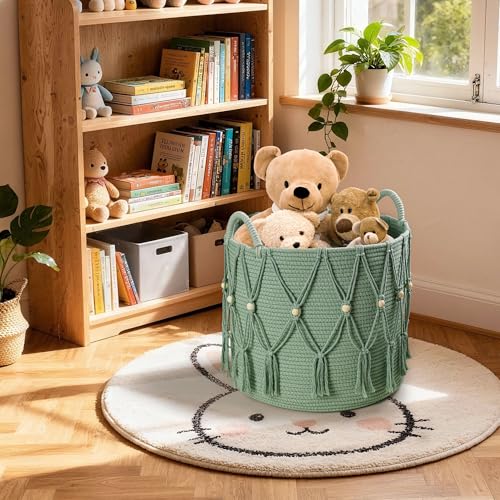Blanket Basket for Living Room Decor Storage Basket for Toy Organizer Boho Decor Baskets for Modern Farmhouse Decor Small Laundry Basket for Bedroom and Laundry Room Organization,Green - color: Green