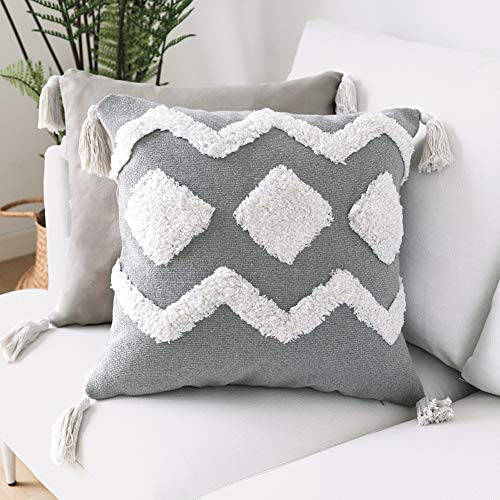 LEVINIS Grey and White Throw Pillow Covers with Tufted Tassel 18 x 18 Inch, Decorative Woven Bohemian Decor Pillow Cases, Cotton Cushion Cover for Couch, Sofa, Bed, Party, Car, Office - color: Grey White, size: 18" x 18" (Pack of 1)