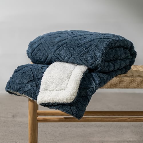 EverGrace Jacquard Boho Sherpa Fleece Throw Blanket for Couch, Super Soft Cozy Fuzzy Plush Blankets for All Seasons, Reversible Thick Warm Blanket for Bed, Sofa, Living Room, Stormy Blue, 50" x 60" - color: Stormy Blue, size: 50x60 Inches