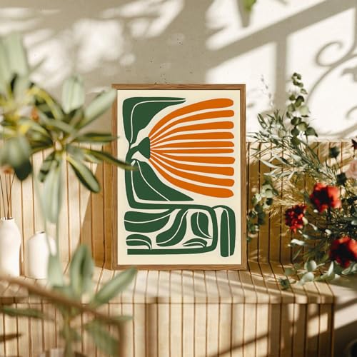 Framed Boho Floral Wall Art, Mid Century Modern Flower Canvas Wall Decor Pictures, Green and Orange Abstract Botanical Paintings Poster Prints Eclectic Home Decor for Living Room Bedroom 16x24 inch - color: Mid Century Modern Floral, size: 24"L x 16"W