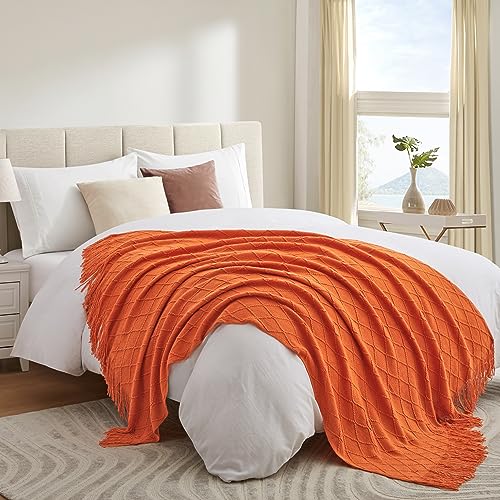 Acrylic Knitted Throw Blanket, Lightweight and Soft Cozy Decorative Woven Blanket with Tassels for Couch, Bed, Sofa, Travel, Suitable for All Seasons, 50 x 60 Inches, Orange - color: Orange