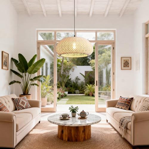 Boho Chandelier for Dining Room, 19" Boho Macrame Pendant Light, Hand-Woven Cotton Rope Farmhouse Ceiling Light for Kitchen Island, Living Room, Bohemian Hanging Lamp with Adjustable Cord - color: D3054