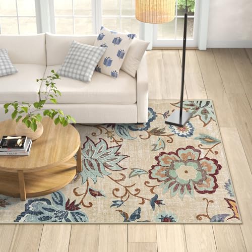 Beeiva Floral Bedroom Rugs, 4x6 Rug with Rubber Backing Ultra Thin Vintage Washable Rugs Foldable Carpets for Living Room Rug Paisley Print Beige Rug for Entryway Bathroom Office - color: Cream, size: 4' x 6' (Rectangular)