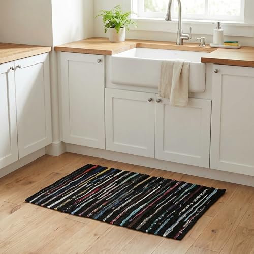 Cotton Hosiery Hand Woven Area Rug 2x3 Feet - Dark Multi, Accent Decorative Farmhouse Reversible Throw Indoor Carpet Ideal for Entryway, Kitchen, Laundry | Black Small Soft Floor Mat for Nursery - color: Dark Multi Hoisery, size: 2 x 3 feet