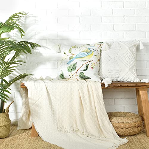 Boho Sofa Throw Pillow Covers – Exquisitely Crafted with Hand-Finished Tuft with Thick Cotton Tassel Details – Soft & Stylish Moroccan Decorative, 18x18inch (Spring Ruched) - color: Boho Cream, size: 18" x 18" (Pack of 1)