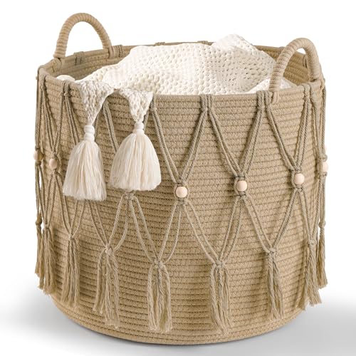 Blanket Basket for Living Room Decor Storage Basket for Toy Organizer Boho Decor Baskets for Modern Farmhouse Decor Small Laundry Basket for Bedroom and Laundry Room Organization,Beige - color: Beige