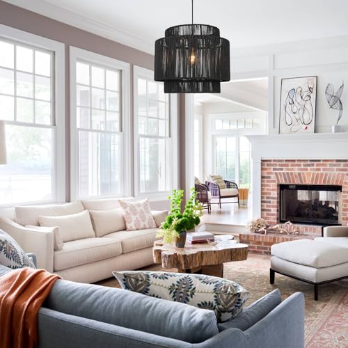 16 Inch Large Natural Simple Hand Weaved Rattan Pendant Lamp, Coastal Beach Black Rope Hanging Pendant Light Fixture for Dining Room Living Room Bedroom Kitchen Foyer - size: 6719