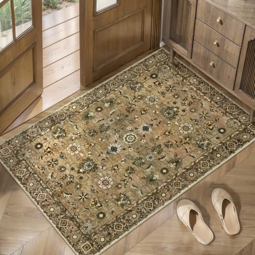 Tangsoo Vintage Brown 2x3 Washable Rugs for Entryway, Small Area Boho Non-Slip Front Door Rug, Farmhouse Accent Rug Doormat, Soft Low Pile Rugs for Indoor Entrance Entry Kitchen Bedroom Home Decor - color: Floral/Brown, size: 2' X 3' (Rectangular)