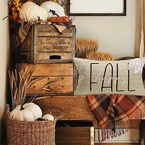 Happy Fall Maple Leaf Throw Pillow Covers 12x20 Inch Autumn Leaves Farmhouse Decorations Pillow Cases Seasonal Greetings Cotton Linen Cushion Cover for Thanksgiving Day - color: Happy Fall Leaves