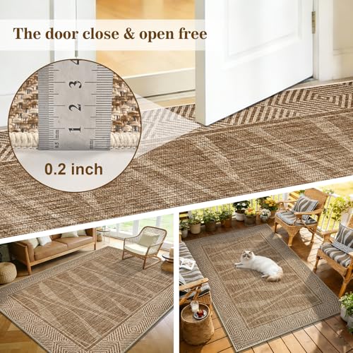 Jute Rug 3x5 Outdoor Patio Rug with Border, Washable Rugs for Entryway Porch, Farmhouse Non Slip Area Rugs with Rubber Backing, Non Shedding Carpet for Indoor Outdoor Bedroom, Courtyard, Light Brown - color: Light Brown, size: 3'x5'