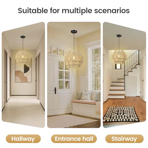 BoostArea Boho Rattan Chandelier Light,5-Tier Hand Woven Lampshade Ceiling Pendant Light Fixture,13'' Farmhouse Chandelier Hanging Light for Living Room,Kitchen Island,Bedroom,Adjustable Cord,Beige - color: Beige-1