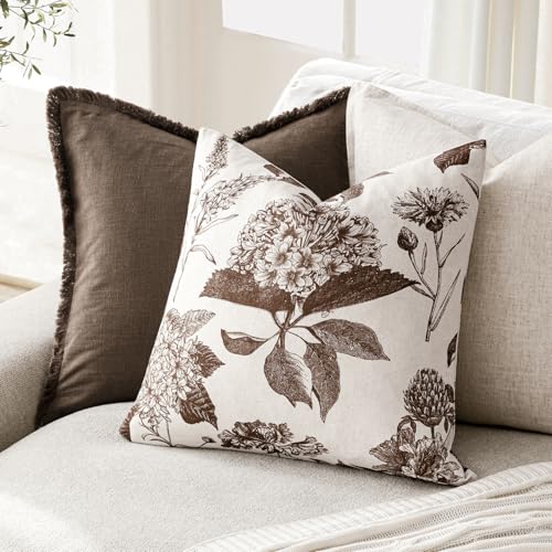 Foindtower Set of 2 Linen Floral Throw Pillow Covers Neutral Vintage Print Decorative Cushion Covers Farmhouse Boho Home Decor for Sofa Chair Couch Bedroom Living Room,20×20 Inch,Dark Brown - color: Dark Brown, size: 20" x 20" (Pack of 2)