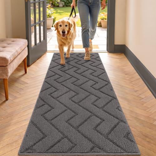 hicorfe Dirt Trapper Indoor Doormat,20"x48" Welcome Door mat,Non Slip Backing Washable Door Mats,Absorbent and Resistant Low-Profile Entrance Inside Floor Mat for Front Back Door,Entryway (Grey) - color: Grey, size: 48" x 20" (Rectangular)