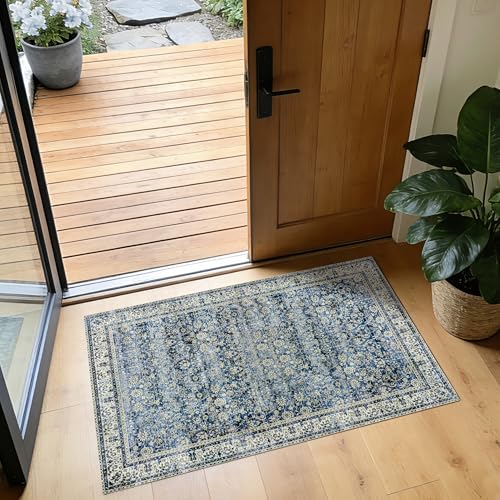 BILEEHOME Vintage Blue Kitchen Rugs 2x3 Dark Blue Distressed Low Pile Area Rug for Entryway Bathroom Washable Non Slip Boho Retro Floral Carpet for Side of Bed Entry 2 x 3 - color: Blue, size: 2' x 3' (Rectangular)