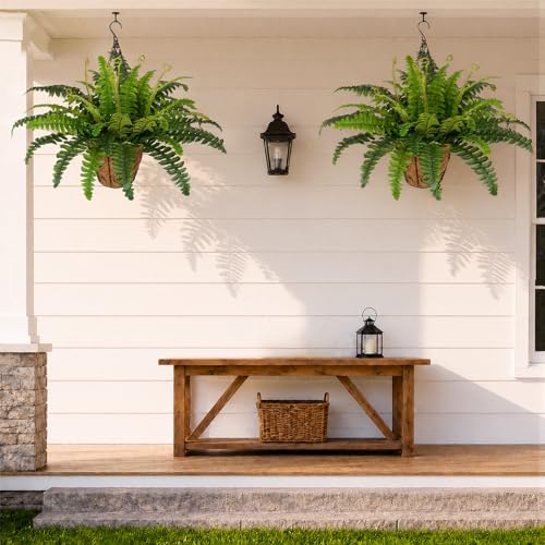 2 Set Artificial Hanging Ferns for Outdoors with Hanging Baskets, UV Resistant Artificial Outdoor Plants, Faux Ferns Outdoor Hanging Basket for Front Porch Garden