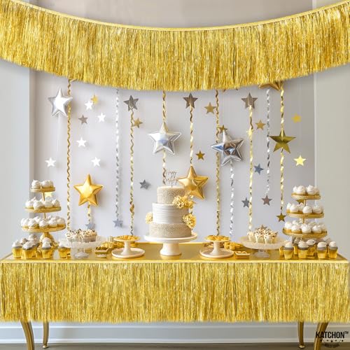 KatchOn, Pack of 2 Gold Fringe Garland - Gold Tinsel Banner for Birthday Party Decorations, Bridal Shower | Golden Foil Curtains for Golden Party Decor, Wedding, Graduation Decorations 2026 - color: Gold