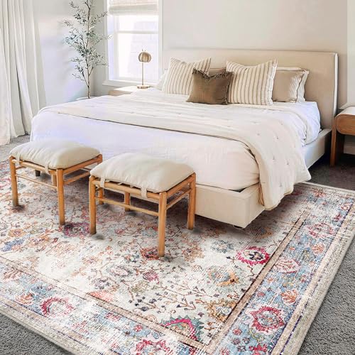 CHAMPLANT Washable Area Rug Vintage 6'x9' Light Traditional Floor Cover Thin Rug Retro Kitchen Indoor Distressed Non Slip Carpet Floral Print Mat Living Room Bedroom Dining Room - color: Cyan and Purple, size: 6' x 9' (Rectangular)