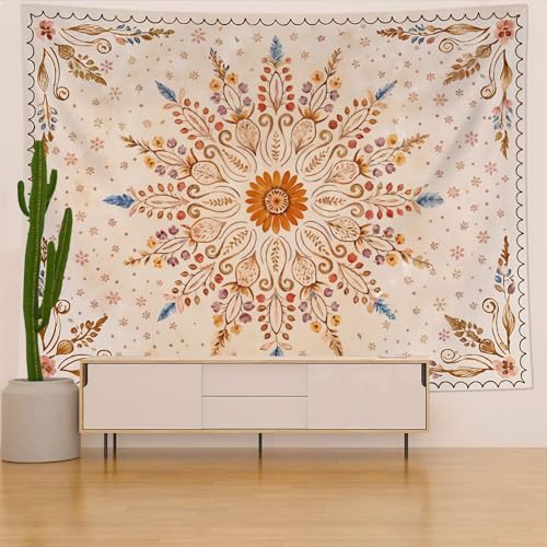 Fowocu Boho Floral Mandala Tapestry for Bedroom Aesthetic Watercolor Bohemian Flower Wall Tapestry Brown Beige Hippie Indian Large Tapestries Wall Hanging for Living Room Dorm Decor 80 x 60 Inch - color: Brown Yellow, size: 80"L x 60"W