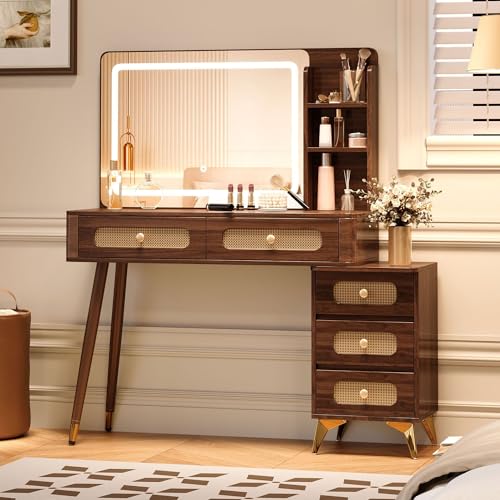 47" Rattan Vanity Table with Mirror and Lights, Brown Makeup Vanity with Storage & 5 Drawers, Boho Vanitys Desk with Shelves for Bedroom, 3 Lighting Modes, Adjustable Brightness (Dark Walnut) - color: Dark Walnut