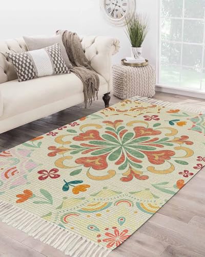 Beige Boho Area Rugs 4' x 6', Retro Ethnic Shabby Colorful Floral Patterned Woven Cotton Tassels Bedroom Rugs, Accent Rug Floor Carpet for Living Room NurseryRoom Dining Room Bedside Office Patio - color: Multicolor Linen, size: 4' x 6' (Rectangular)