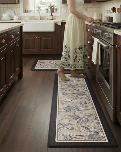 LUMI Anti-Fatigue Kitchen Floor Mats Set of 2,Cushioned Comfort Standing Rug Waterproof 2PCS, Non-Slip Ergonomic Foam Runner for Sink, Laundry, Office & Home,17x29+17x59, - color: Cream Black, size: 59"L x 17"W x 0.4"Th + 30"L x 17"W x 0.4"Th