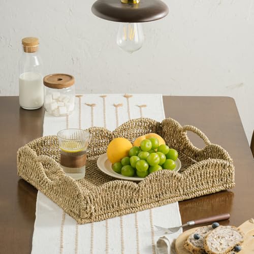 Wicker Tray, Handwoven Woven Tray with Handles and Scalloped Edge, Rectangle Wicker Basket for Home Decor and Organizing, 17.3" L x 13.4" W x 3.6" H - color: Seagrass-scalloped, size: 17.3" x 13.4" x 3.6"