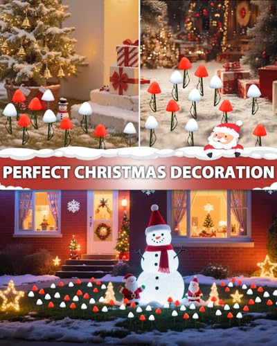 OZS 2PK 32LED 55FT Red and White Christmas Decorations Mushroom Solar Lights, Christmas Lights Outdoor with 8 Lighting Modes, Solar String Lights Waterproof for Outside Yard Party - color: Mushroom-Red & White (Christmas)