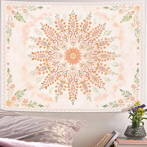 Lunerfex Floral Mandala Tapestry Boho Tapestry for Bedroom Peach Tapestries Wall Hanging Living Room Wall Art and Home Decor 44x60 - color: Orange Yellow, size: 60"L x 44"W