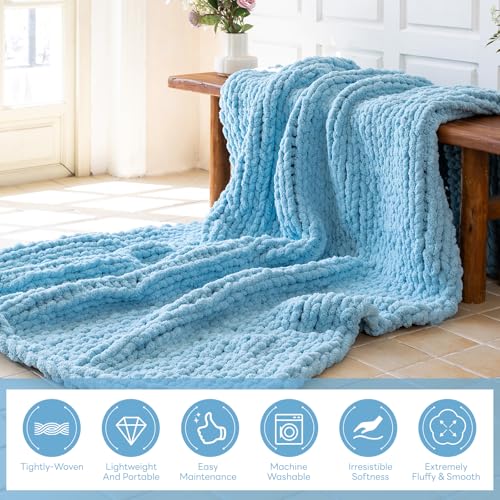 Chunky Knit Blanket - Luxury Soft Cozy 50 * 60 Throw Blanket,100% Woven Blanket Rope Knot Throw Blanket for Couch, Sofa, Home Decor, Gift - Machine Washable（Light Blue） - color: Light Blue, size: 50*60