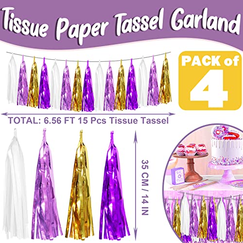 4P Purple-Gold Foil Fringe Metallic Tassel Garland, Tassels Banner Streamers for Parade Floats, Bachelorette, Wedding, Birthday, Halloween, Christmas, Bridal/Baby Shower Party Decorations - color: White Light Purple Purple Gold
