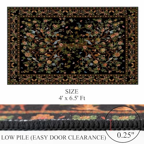 Black Area Rug 4x6.5, Machine Washable Non-Slip Rug, Boho Floral Botanical Soft Low Pile Small Throw Rug for Bedroom, Dining Room - color: Black, size: 6'6" x 4' (Rectangular)