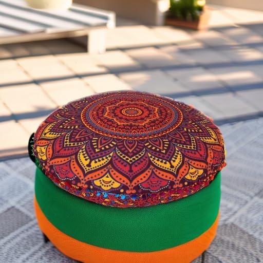 INDIAN CRAFT CASTLE New Orange Ombre 24" Mandala Barmeri Large Floor Pillow Cover Cushion Meditation Seating Ottoman Throw Cover Hippie Decorative Zipped Bohemian Pouf Ottoman Pom Pom Cases 24" Round