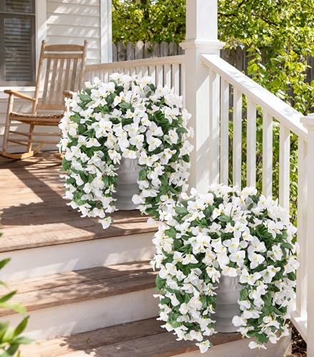 Faux Bougainvillea Artificial Flowers for Outdoors Fake Plants Outside Decoration, 2 PCS White Faux Flowers UV Resistant Look Real Silk Long Trailing Vines for Front Door Porch Planter Patio Garden - color: White