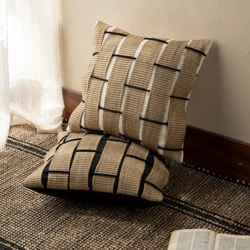 MOCOFO Semi-Handmade Woven Striped Throw Pillow Covers, French Vintage Mid-Century Decorative Cushion Case, Jute & Poly-Cotton Blend for Couch Sofa, (Cover Only) (Black Base Hemp, 18x18) - color: Hemp Pattern, size: 18" x 18" (Pack of 1)